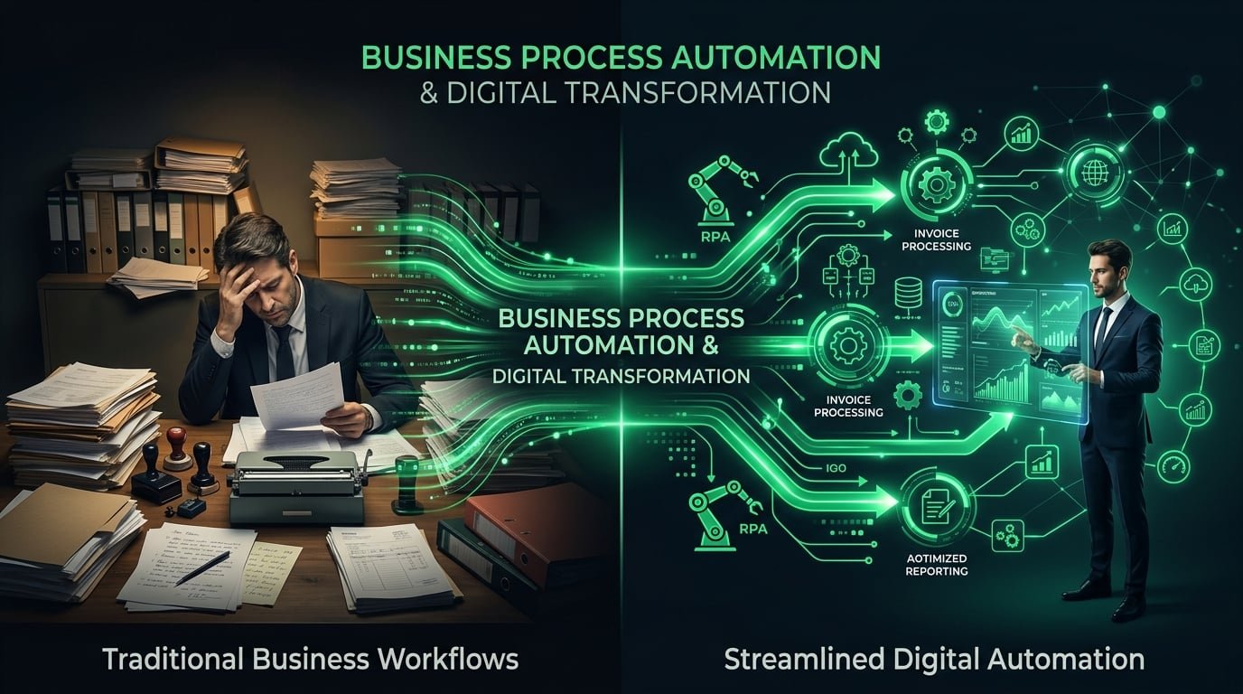 Digital transformation concept showing manual processes being automated by AI systems